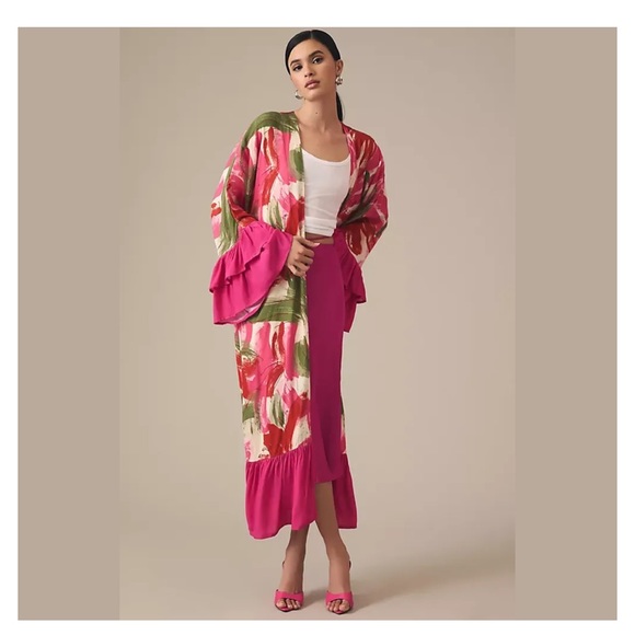 Anthropologie Bel Kazan Printed Ruffle-Sleeve Kimono
